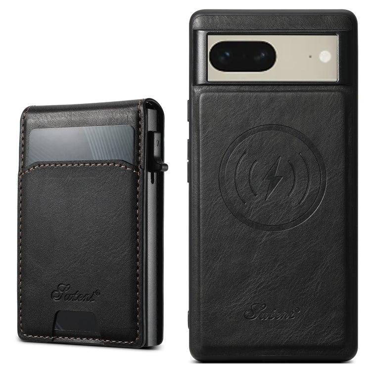 For Google Pixel 7 Suteni H19 Oil Wax 2-in-1 MagSafe Removable Card Box Back Phone Case(Black) - Google Cases by Suteni | Online Shopping UK | buy2fix