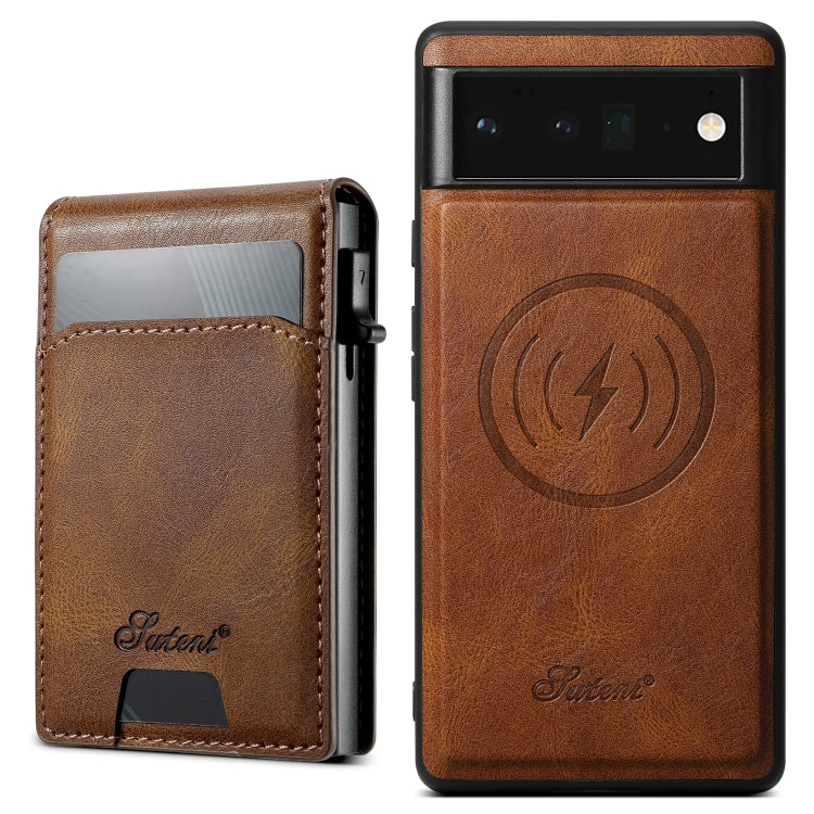 For Google Pixel 6 Pro Suteni H19 Oil Wax 2-in-1 MagSafe Removable Card Box Back Phone Case(Brown) - Google Cases by Suteni | Online Shopping UK | buy2fix