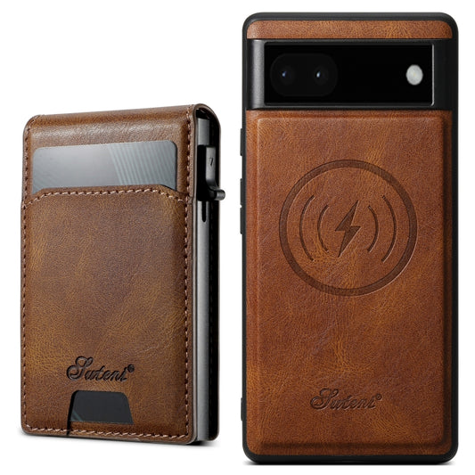 For Google Pixel 6a Suteni H19 Oil Wax 2-in-1 MagSafe Removable Card Box Back Phone Case(Brown) - Google Cases by Suteni | Online Shopping UK | buy2fix