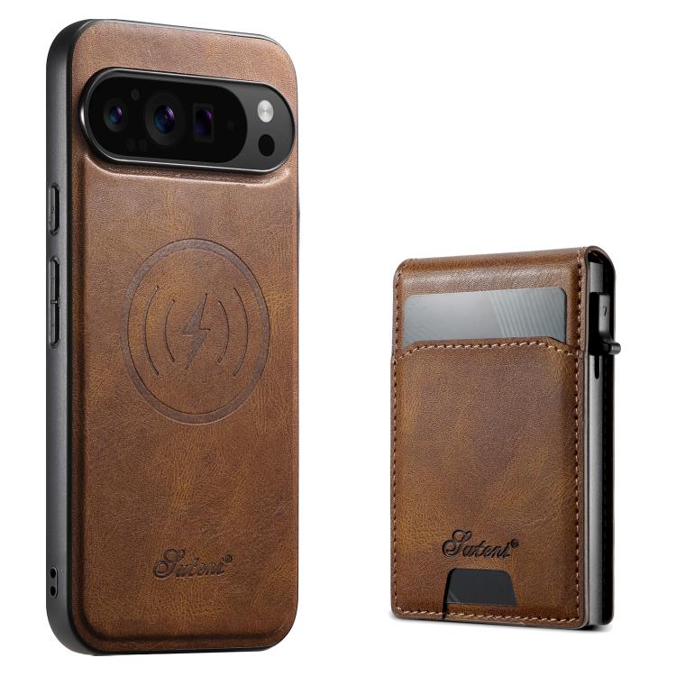 For Google Pixel 10 Pro Suteni H19 Oil Wax 2-in-1 MagSafe Removable Card Box Back Phone Case(Brown) - Google Cases by Suteni | Online Shopping UK | buy2fix