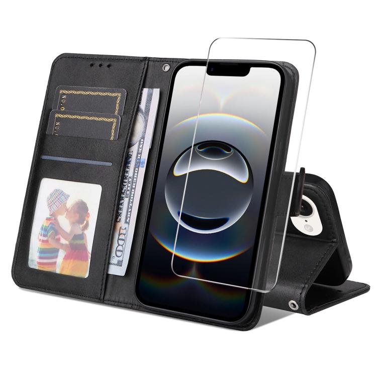 For iPhone 16e ENKAY Card Wallet Calf Texture Leather Phone Case with Screen Film(Black) - iPhone 16e Cases by ENKAY | Online Shopping UK | buy2fix