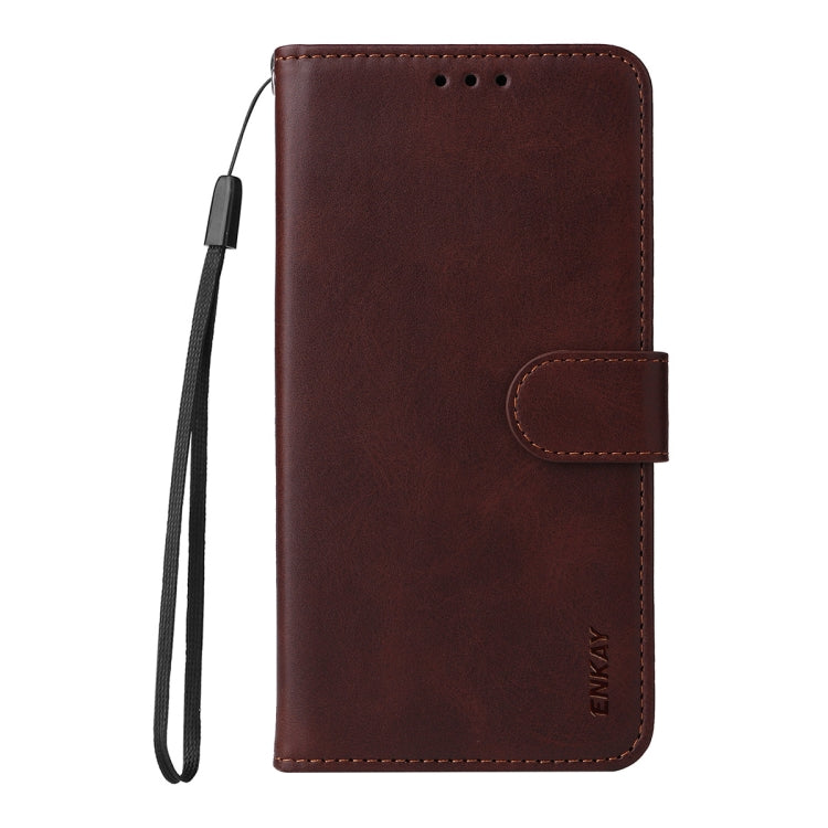 For iPhone 16e ENKAY Card Wallet Calf Texture Leather Phone Case with Screen Film(Brown) - iPhone 16e Cases by ENKAY | Online Shopping UK | buy2fix