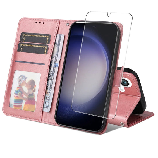 For Galaxy S25 5G ENKAY Card Wallet Calf Texture Leather Phone Case with Screen Film(Pink)
