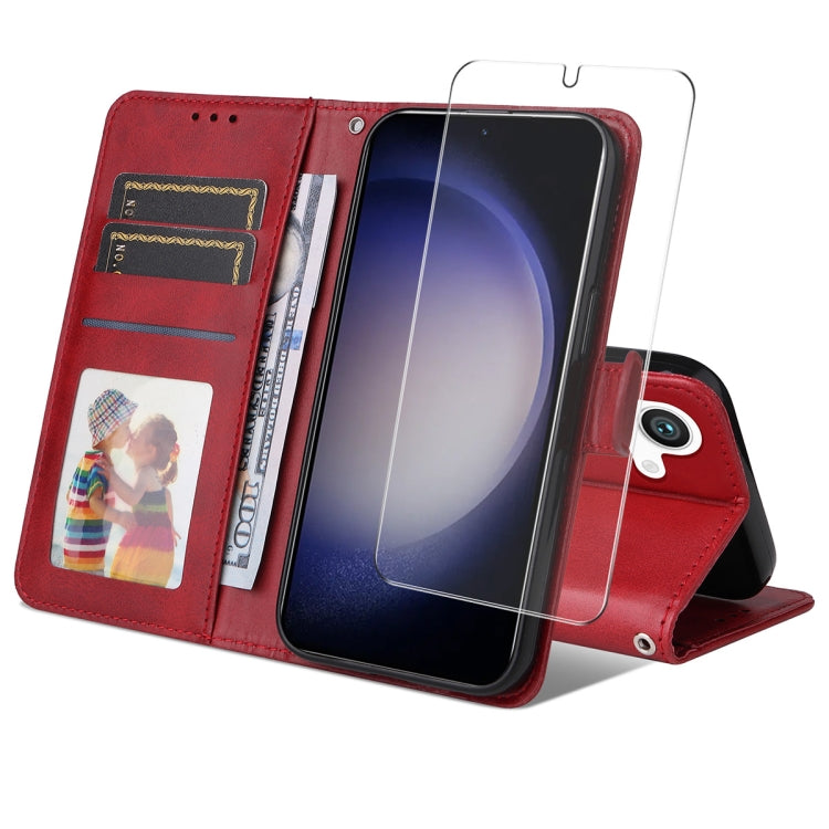 For Samsung Galaxy S25 5G ENKAY Card Wallet Calf Texture Leather Phone Case with Screen Film(Red) - Galaxy S25 5G Cases by ENKAY | Online Shopping UK | buy2fix