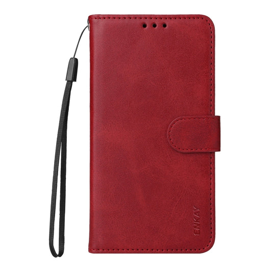 For Samsung Galaxy S25 5G ENKAY Card Wallet Calf Texture Leather Phone Case with Screen Film(Red) - Galaxy S25 5G Cases by ENKAY | Online Shopping UK | buy2fix