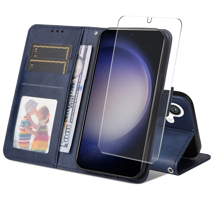 For Samsung Galaxy S25 5G ENKAY Card Wallet Calf Texture Leather Phone Case with Screen Film(Blue) - Galaxy S25 5G Cases by ENKAY | Online Shopping UK | buy2fix