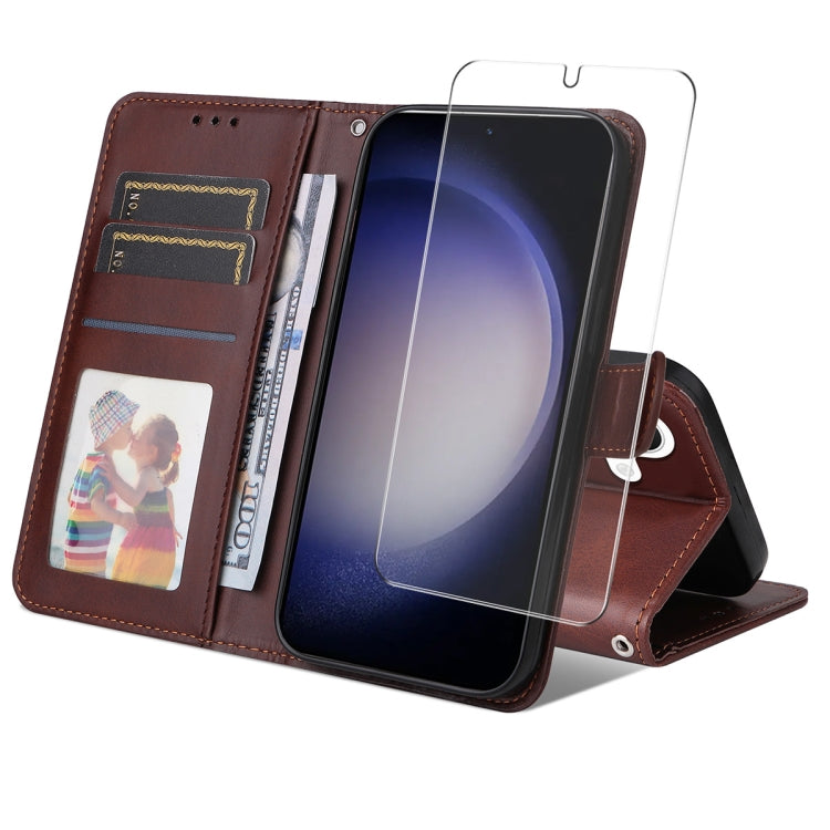 For Samsung Galaxy S25 5G ENKAY Card Wallet Calf Texture Leather Phone Case with Screen Film(Brown) - Galaxy S25 5G Cases by ENKAY | Online Shopping UK | buy2fix