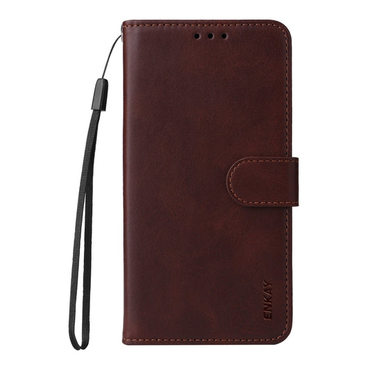 For Samsung Galaxy S25 5G ENKAY Card Wallet Calf Texture Leather Phone Case with Screen Film(Brown) - Galaxy S25 5G Cases by ENKAY | Online Shopping UK | buy2fix