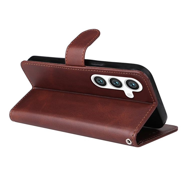 For Samsung Galaxy S25 5G ENKAY Card Wallet Calf Texture Leather Phone Case with Screen Film(Brown) - Galaxy S25 5G Cases by ENKAY | Online Shopping UK | buy2fix