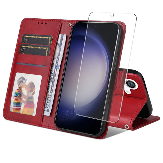 For Samsung Galaxy S25+ 5G ENKAY Card Wallet Calf Texture Leather Phone Case with Screen Film(Red) - Galaxy S25+ 5G Cases by ENKAY | Online Shopping UK | buy2fix