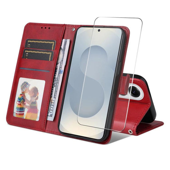 For Galaxy S25 Edge 5G ENKAY Card Wallet Calf Texture Leather Phone Case with Screen Film(Red)