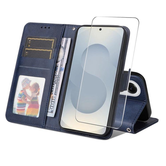 For Galaxy S25 Edge 5G ENKAY Card Wallet Calf Texture Leather Phone Case with Screen Film(Blue)