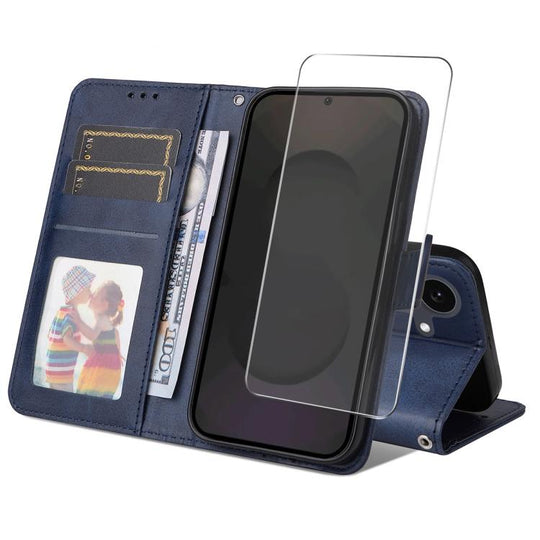 For Galaxy S25 FE 5G ENKAY Card Wallet Calf Texture Leather Phone Case with Screen Film(Blue)