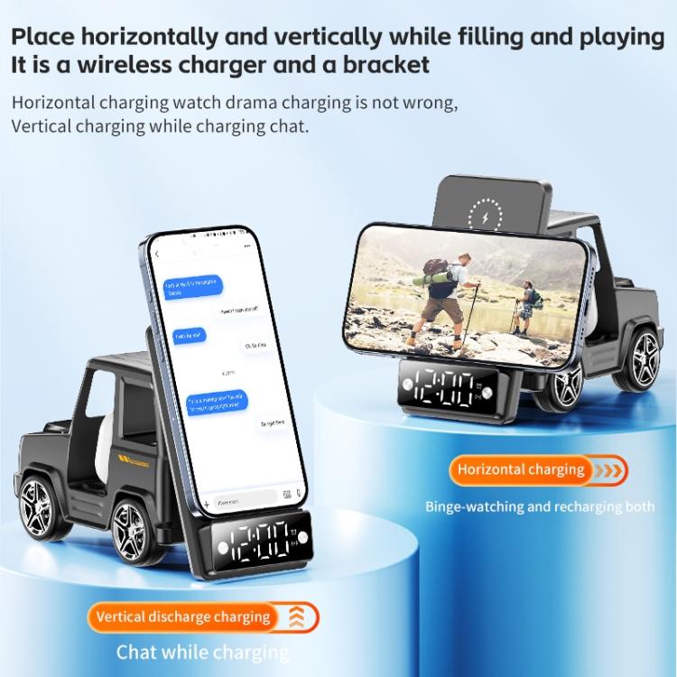 G63 Bluetooth Speaker Clock Atmosphere Light 6-in-1 Car Shape 15W Desktop Wireless Charger(Grey) - Wireless Charger by buy2fix | Online Shopping UK | buy2fix