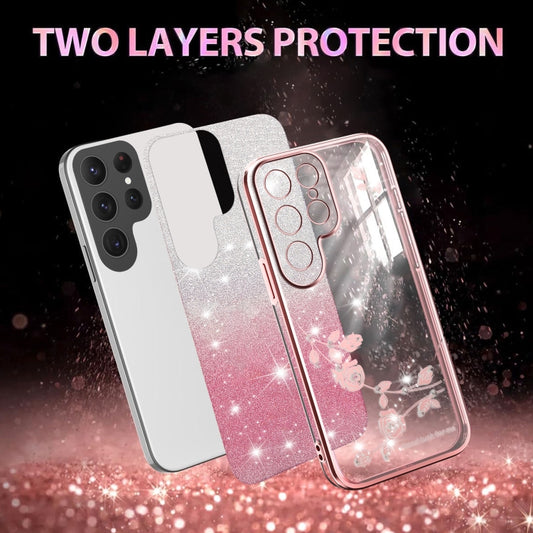 For Samsung Galaxy S25 Ultra 5G Gradient Glitter Flower All-inclusive Phone Case(Pink) by buy2fix