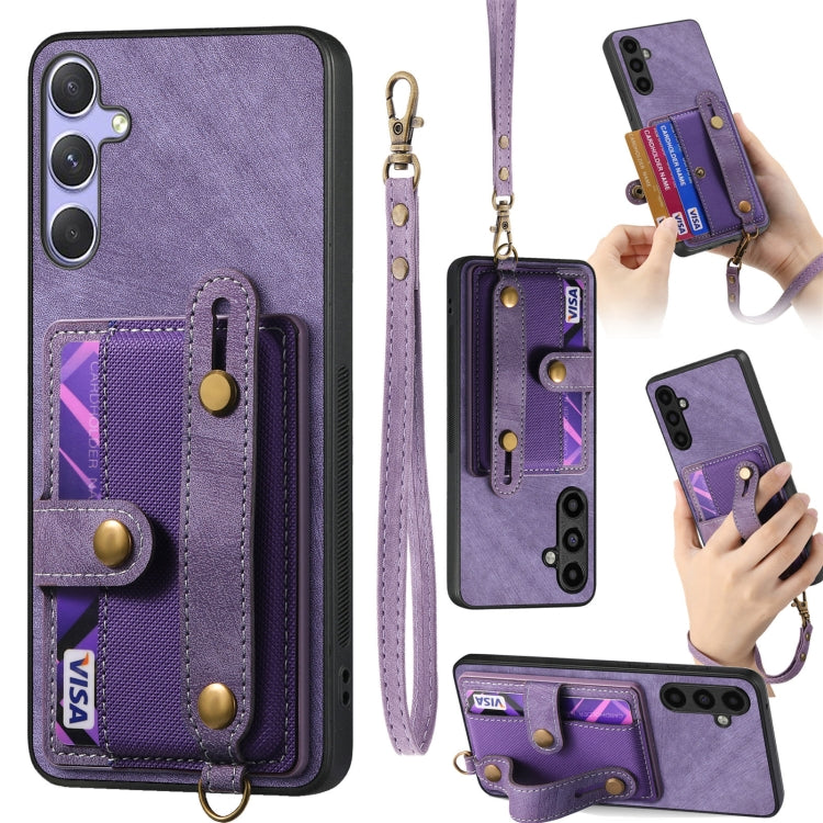For Samsung Galaxy S25 5G Retro Cross Wristband Wallet Leather Back Phone Case(Purple) by buy2fix