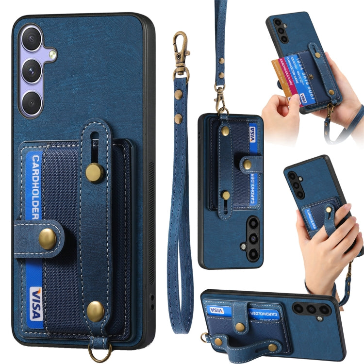 For Samsung Galaxy S25+ 5G Retro Cross Wristband Wallet Leather Back Phone Case(Blue) by buy2fix