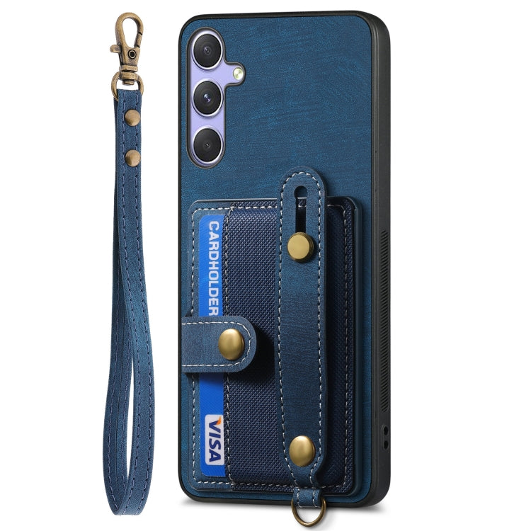 For Samsung Galaxy S25+ 5G Retro Cross Wristband Wallet Leather Back Phone Case(Blue) by buy2fix