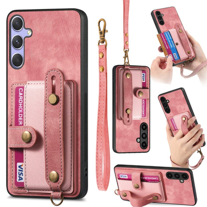 For Samsung Galaxy S25 Ultra 5G Retro Cross Wristband Wallet Leather Back Phone Case(Pink) by buy2fix