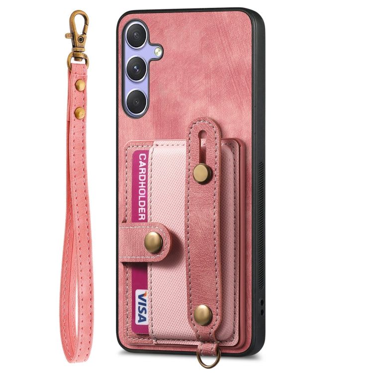For Samsung Galaxy S25 Ultra 5G Retro Cross Wristband Wallet Leather Back Phone Case(Pink) by buy2fix