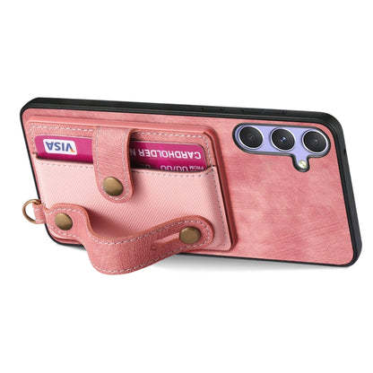 For Samsung Galaxy S25 Ultra 5G Retro Cross Wristband Wallet Leather Back Phone Case(Pink) by buy2fix