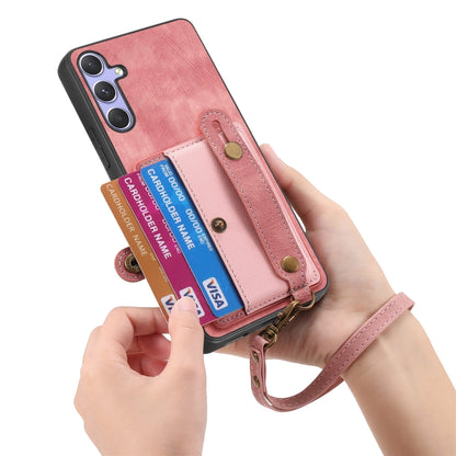 For Samsung Galaxy S25 Ultra 5G Retro Cross Wristband Wallet Leather Back Phone Case(Pink) by buy2fix
