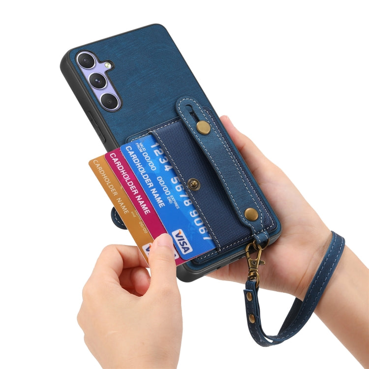 For Samsung Galaxy S25 Ultra 5G Retro Cross Wristband Wallet Leather Back Phone Case(Blue) by buy2fix
