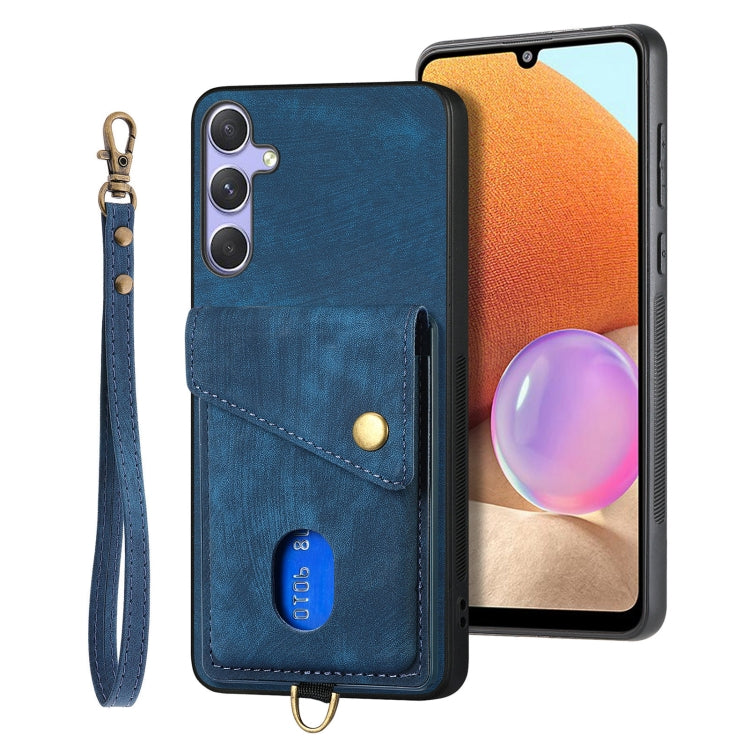 For Samsung Galaxy S25 5G Retro Card Wallet Fold Leather Phone Case with Strap(Blue) by buy2fix