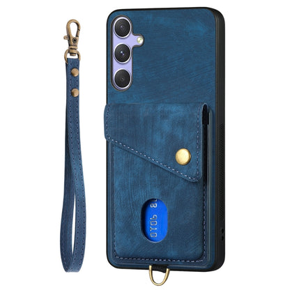 For Samsung Galaxy S25 5G Retro Card Wallet Fold Leather Phone Case with Strap(Blue) by buy2fix