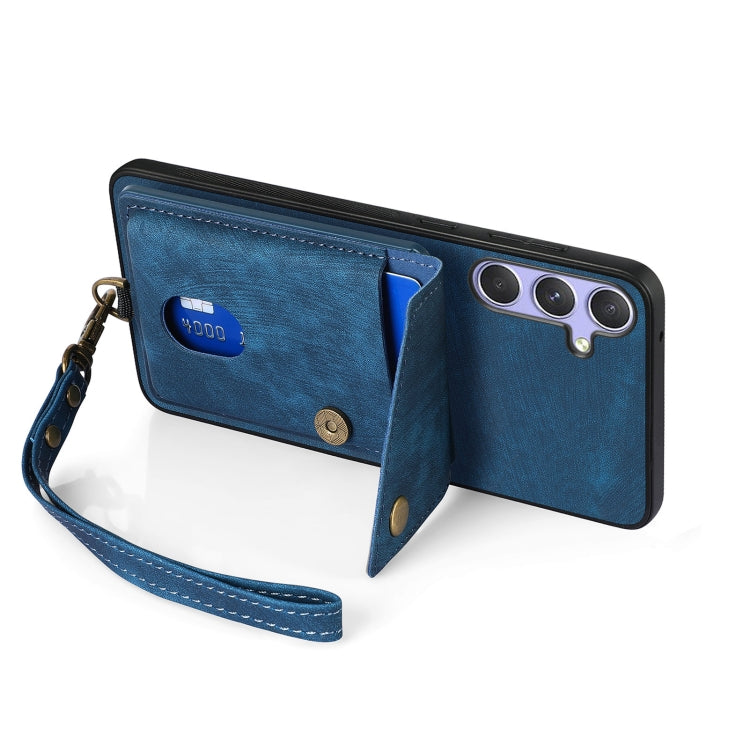 For Samsung Galaxy S25 5G Retro Card Wallet Fold Leather Phone Case with Strap(Blue) by buy2fix