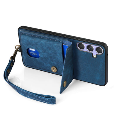For Samsung Galaxy S25 5G Retro Card Wallet Fold Leather Phone Case with Strap(Blue) by buy2fix