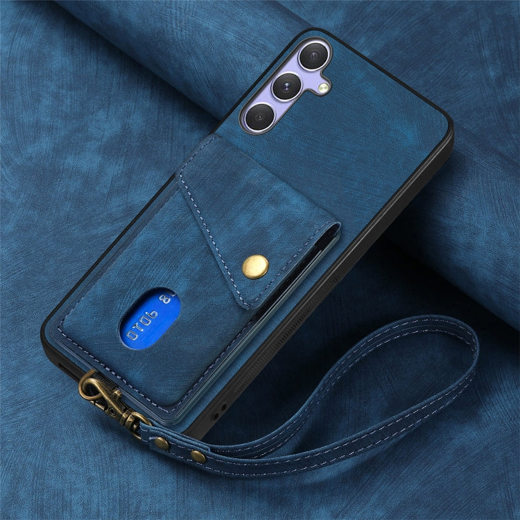 For Samsung Galaxy S25 5G Retro Card Wallet Fold Leather Phone Case with Strap(Blue) by buy2fix