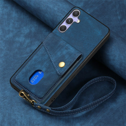 For Samsung Galaxy S25 5G Retro Card Wallet Fold Leather Phone Case with Strap(Blue) by buy2fix