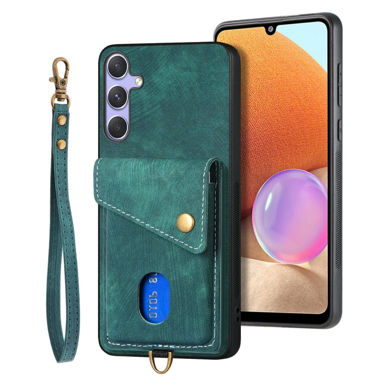 For Samsung Galaxy S25 5G Retro Card Wallet Fold Leather Phone Case with Strap(Green) by buy2fix