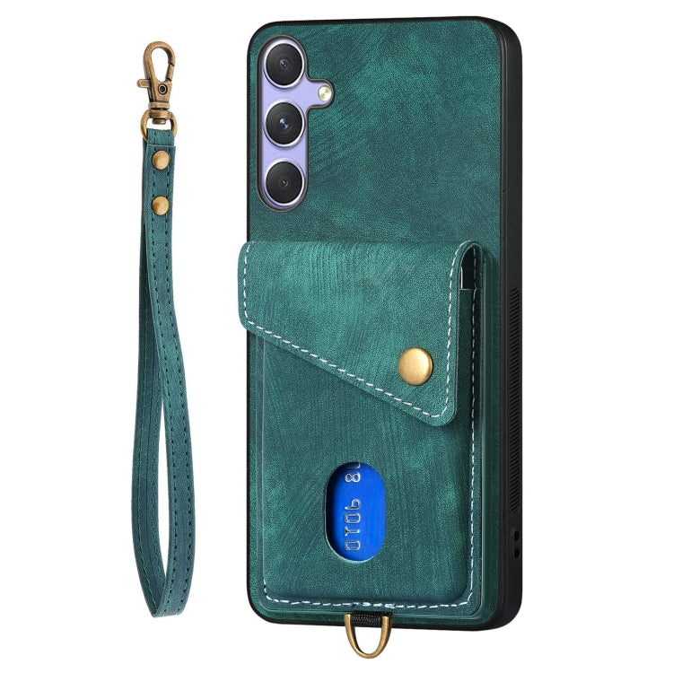 For Samsung Galaxy S25 5G Retro Card Wallet Fold Leather Phone Case with Strap(Green) by buy2fix