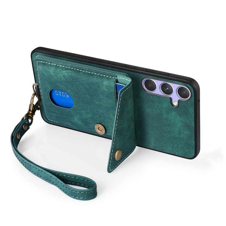 For Samsung Galaxy S25 5G Retro Card Wallet Fold Leather Phone Case with Strap(Green) by buy2fix