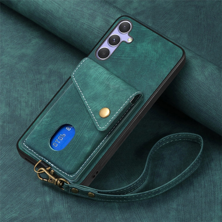 For Samsung Galaxy S25 5G Retro Card Wallet Fold Leather Phone Case with Strap(Green) by buy2fix