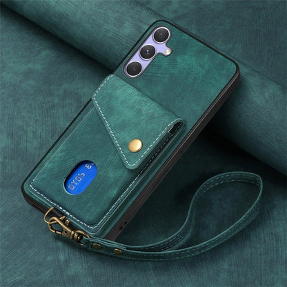 For Samsung Galaxy S25 5G Retro Card Wallet Fold Leather Phone Case with Strap(Green) by buy2fix