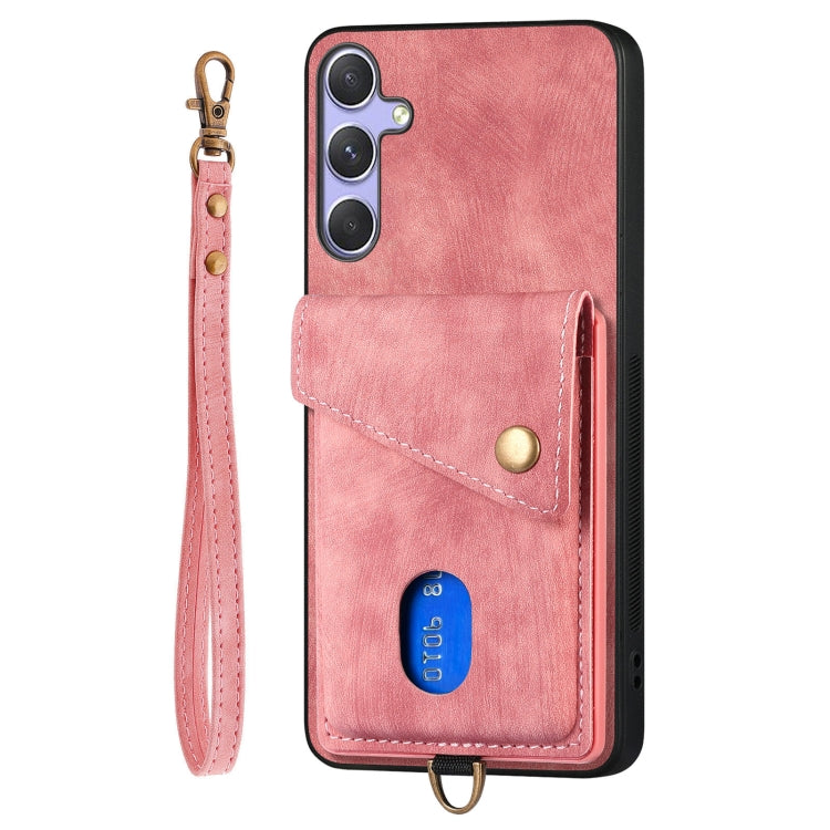For Samsung Galaxy S25 5G Retro Card Wallet Fold Leather Phone Case with Strap(Pink) by buy2fix