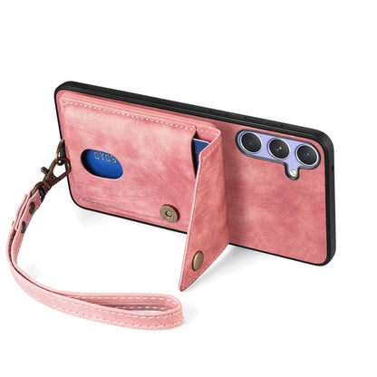 For Samsung Galaxy S25 5G Retro Card Wallet Fold Leather Phone Case with Strap(Pink) by buy2fix