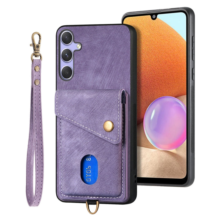 For Samsung Galaxy S25 5G Retro Card Wallet Fold Leather Phone Case with Strap(Purple) by buy2fix
