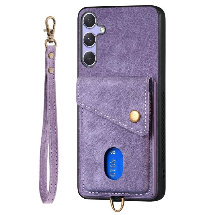 For Samsung Galaxy S25 5G Retro Card Wallet Fold Leather Phone Case with Strap(Purple) by buy2fix