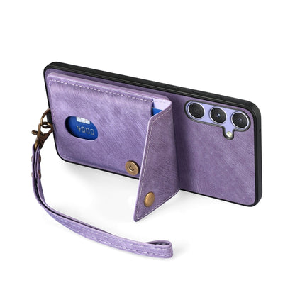 For Samsung Galaxy S25 5G Retro Card Wallet Fold Leather Phone Case with Strap(Purple) by buy2fix