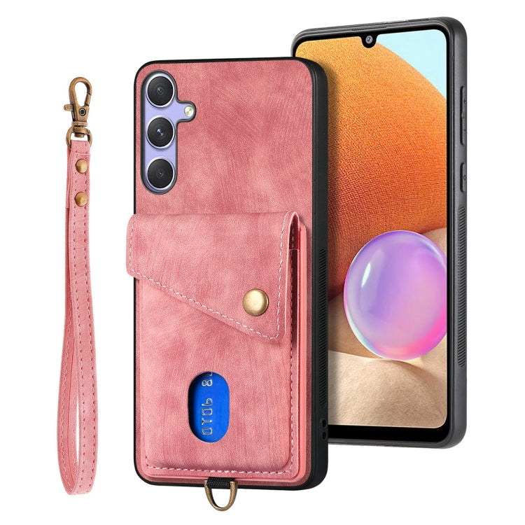 For Samsung Galaxy S25+ 5G Retro Card Wallet Fold Leather Phone Case with Strap(Pink) by buy2fix
