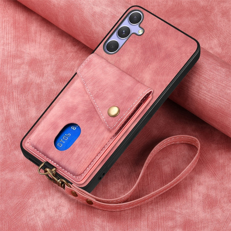 For Samsung Galaxy S25+ 5G Retro Card Wallet Fold Leather Phone Case with Strap(Pink) by buy2fix