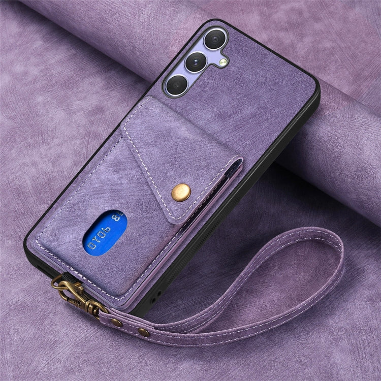 For Samsung Galaxy S25+ 5G Retro Card Wallet Fold Leather Phone Case with Strap(Purple) by buy2fix