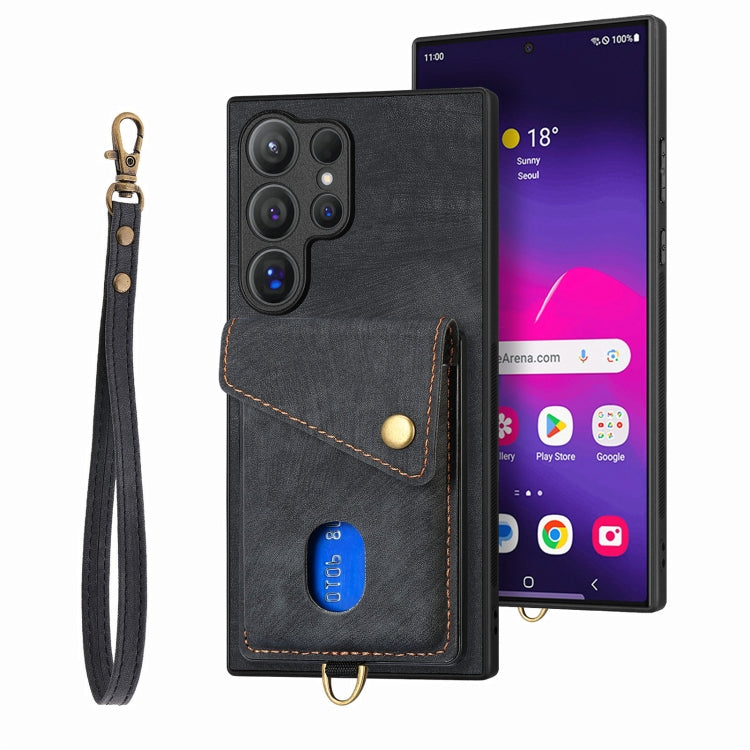 For Samsung Galaxy S25 Ultra 5G Retro Card Wallet Fold Leather Phone Case with Strap(Black) by buy2fix