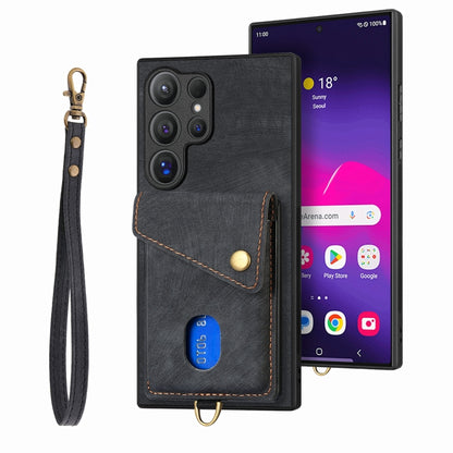 For Samsung Galaxy S25 Ultra 5G Retro Card Wallet Fold Leather Phone Case with Strap(Black) by buy2fix
