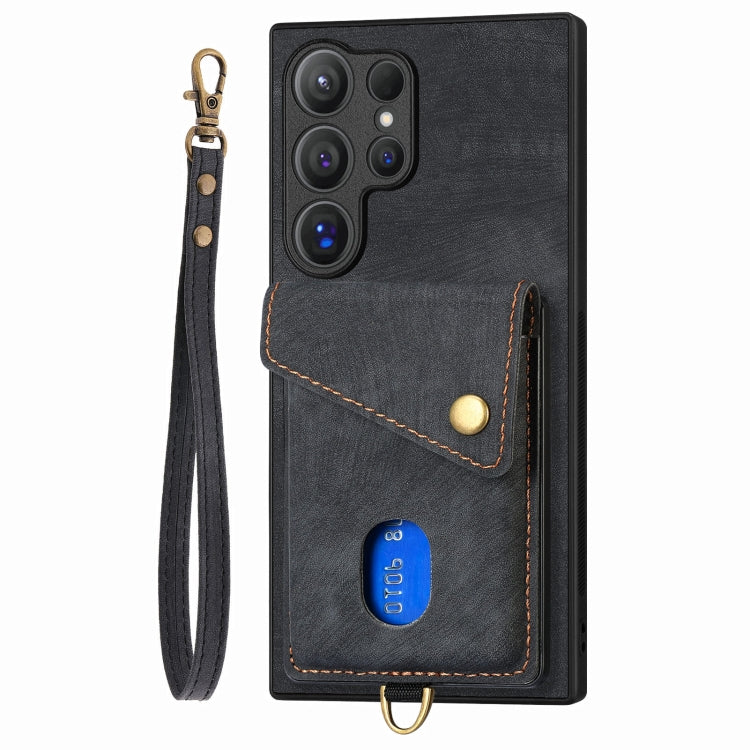 For Samsung Galaxy S25 Ultra 5G Retro Card Wallet Fold Leather Phone Case with Strap(Black) by buy2fix