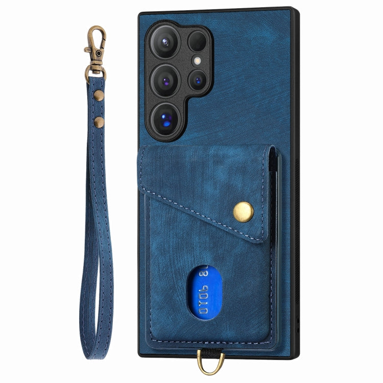 For Samsung Galaxy S25 Ultra 5G Retro Card Wallet Fold Leather Phone Case with Strap(Blue) by buy2fix